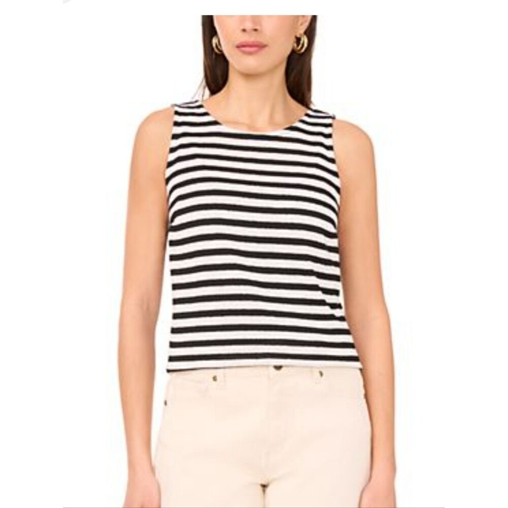 Black & White Stripe Sleeveless Crew Neck Cropped Tank Top, L